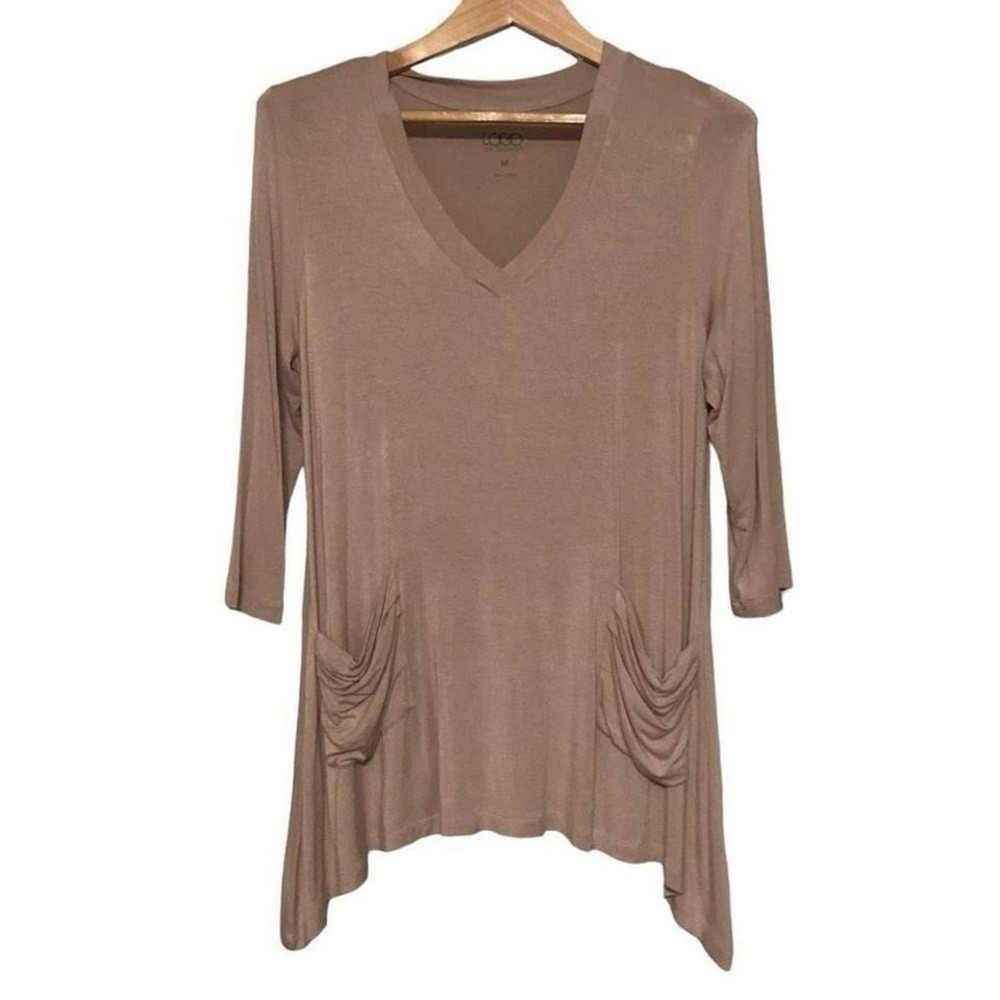 LOGO by Lori Goldstein tan V-neck Tee 3/4 Sleeves Pocket Details size M